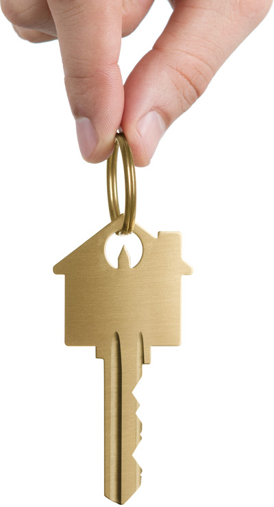 Two Fingers Holding a key in the shape of a home